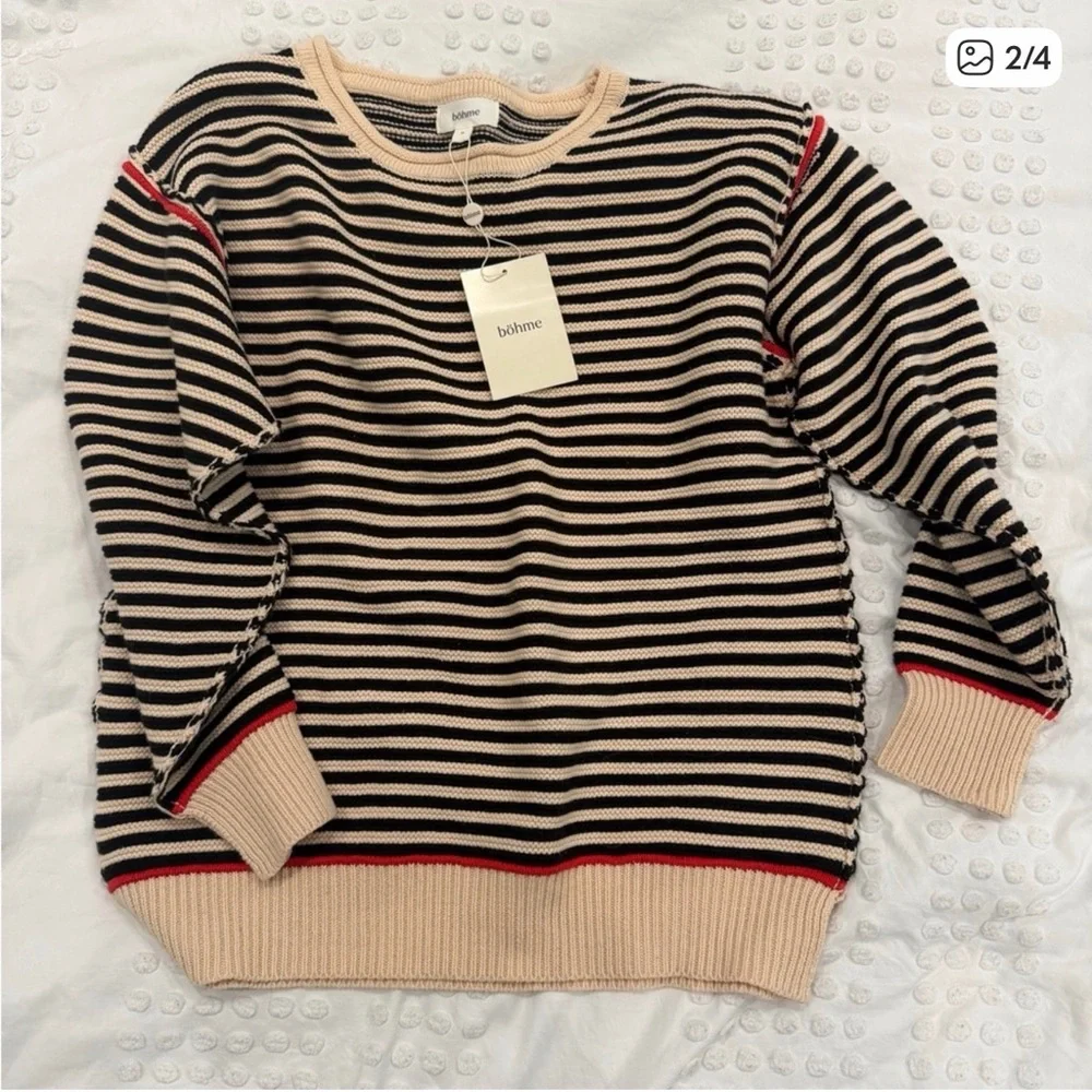 Bohme Black and Cream Striped Sweater with Red Trim - Picture 1 of 1